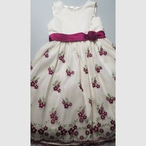 Off-White Dress with Magenta Bow and Flowers
